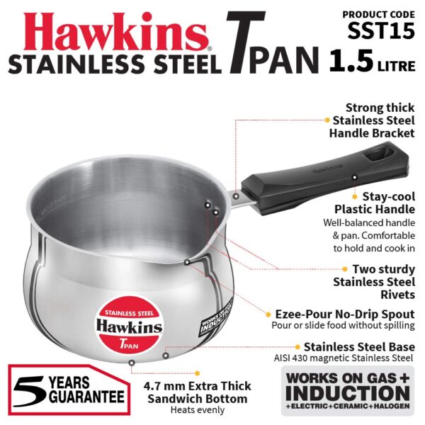 Hawkins SST15 Stainless Steel Induction Compatible Tpan - 1.5 Litre 14CM - Image 2