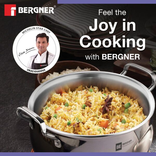 Bergner BE Essentials TriPly Stainless Steel 3 Piece Rice Handi Set - 16cm / 2.2L, 18cm / 3.2L, 20cm / 4.2L with 3 Flat Glass Lids - Image 4
