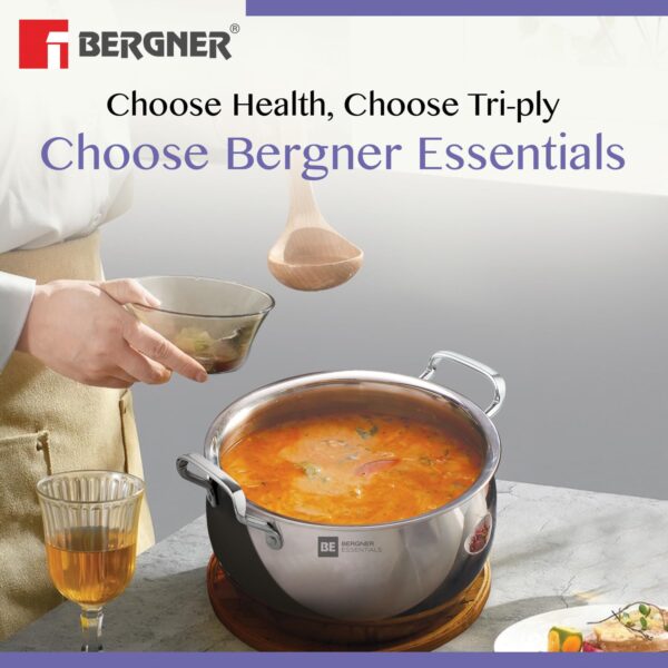 Bergner BE Essentials TriPly Stainless Steel 3 Piece Rice Handi Set - 16cm / 2.2L, 18cm / 3.2L, 20cm / 4.2L with 3 Flat Glass Lids - Image 2