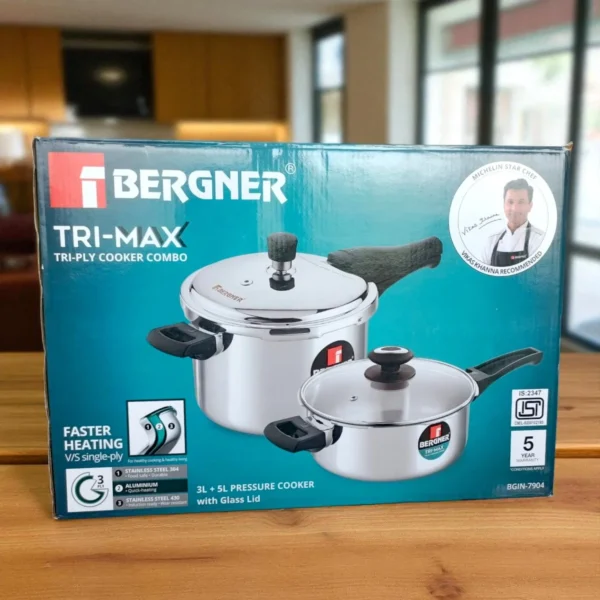 Bergner Tri-Max 2 Piece Triply Cooker Combo With Common Glass Lid (3L + 5L) BG-7904 - Image 3