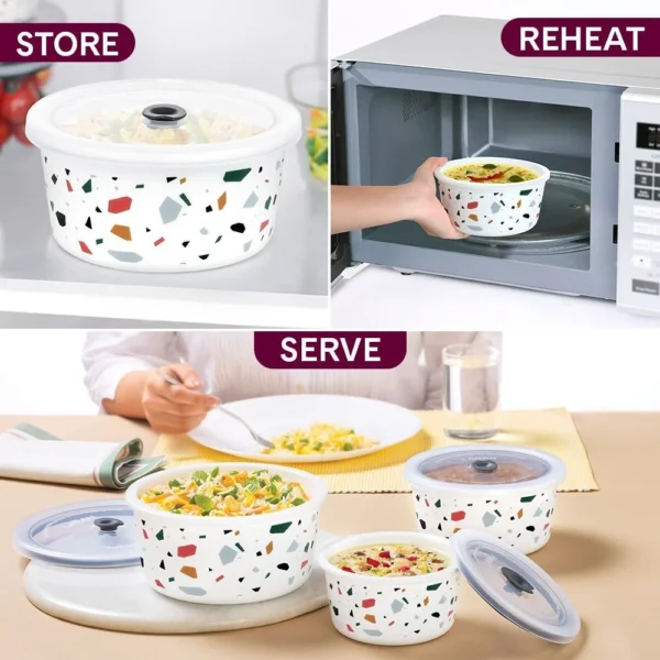 Larah by Borosil Confetti 3 Piece Storage Bowls with Lids (400ml + 800ml + 1.2 L) | Microwave Safe - Image 3