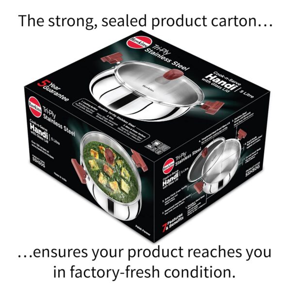 Hawkins Tri-Ply SSH50G Stainless Steel Cook n Serve Handi with Glass Lid - 5 Ltr - Image 4