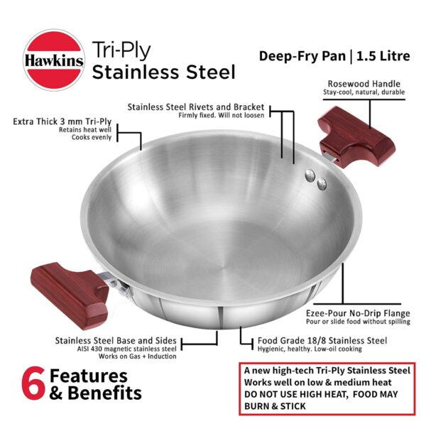 Hawkins Tri-Ply SSD15 Stainless Steel Deep-Fry Pan - 1.5 Ltr 20cm - Image 2