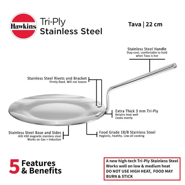 Hawkins Tri-Ply SSTV22 Stainless Steel Tawa - 22CM - Image 2