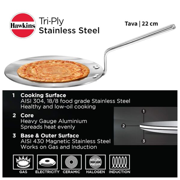 Hawkins Tri-Ply SSTV22 Stainless Steel Tawa - 22CM - Image 3