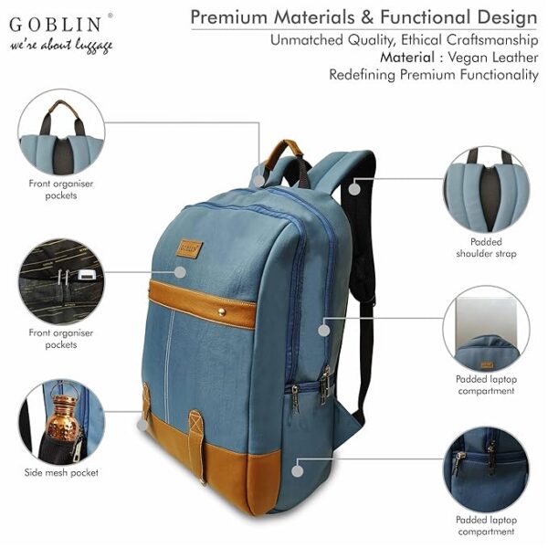 Goblin Terra Vegan Leather Laptop Backpack, Blue - Image 4
