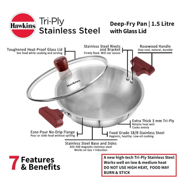 Hawkins Tri-Ply SSD15G Stainless Steel Deep-Fry Pan with Glass Lid - 1.5 Ltr 20cm - Image 3