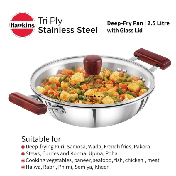 Hawkins SSD25G Tri-Ply Stainless Steel Induction Compatible Deep-Fry Pan with Glass Lid - 2.5 L - Image 3