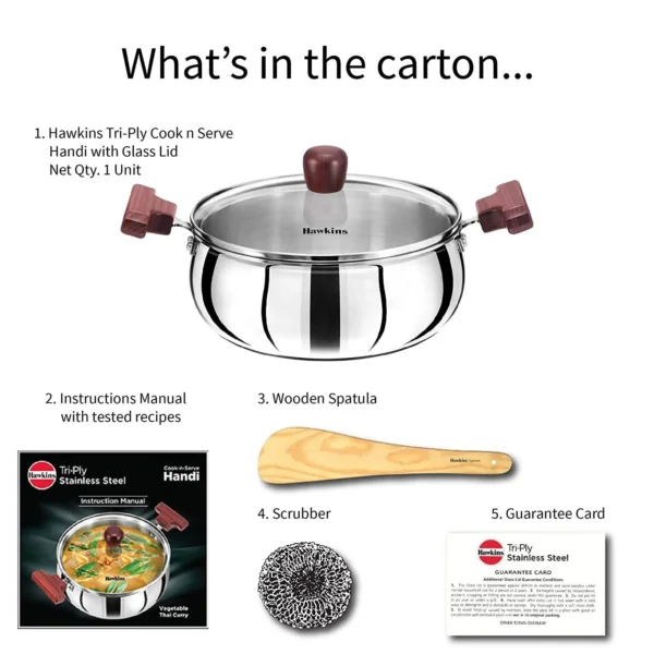 Hawkins Tri-Ply SSH30G Stainless Steel Cook n Serve Handi with Glass Lid - 3 Ltr 20cm - Image 3