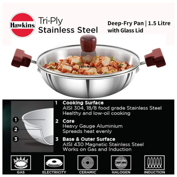 Hawkins Tri-Ply SSD15G Stainless Steel Deep-Fry Pan with Glass Lid - 1.5 Ltr 20cm - Image 2