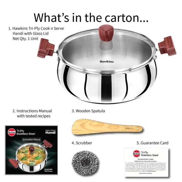 Hawkins Tri-Ply SSH40G Stainless Steel Cook n Serve Handi with Glass Lid - 4 Ltr - Image 2
