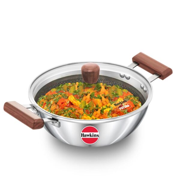 Hawkins 2.5 Litre Triply Stainless Steel Deep Kadai with Glass Lid, Induction Base 22CM NSDK25G