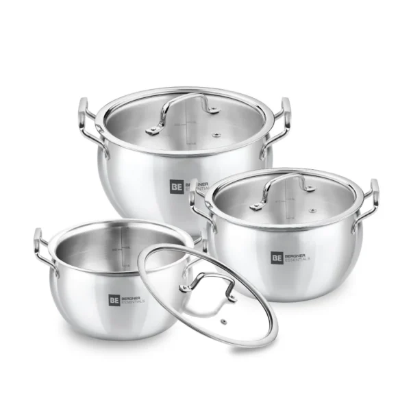 Bergner BE Essentials TriPly Stainless Steel 3 Piece Rice Handi Set - 16cm / 2.2L, 18cm / 3.2L, 20cm / 4.2L with 3 Flat Glass Lids