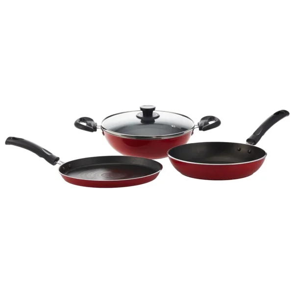 Pigeon by Stovekraft Carlo Induction Base Aluminium Cookware Gift Set, 4-Pieces, Red (Tawa,Fry Pan,Kadai,Glass Lid)