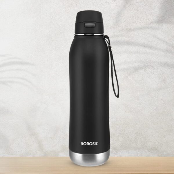 Borosil Rivera Stainless Steel Vacuum Insulated Water Bottle, 600ml, Black