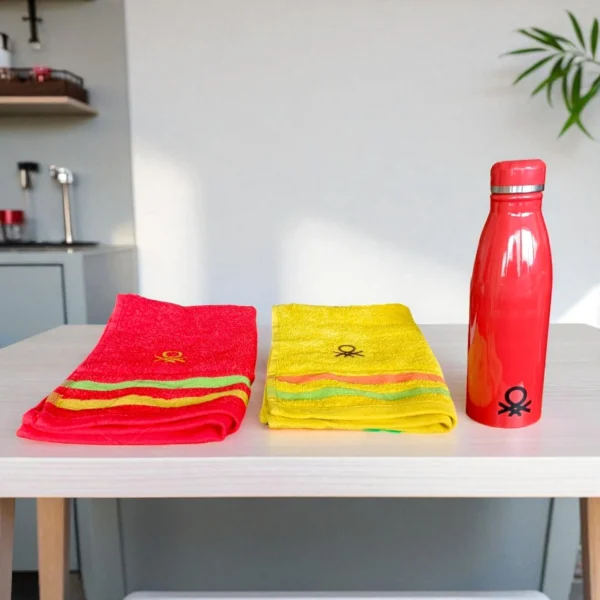 Bergner United Colors 3 Piece Hydration Set (2pc Rainbow Gym Towel - 36X53 CM + 1pc Stainless Steel Water Bottle - 750ml)