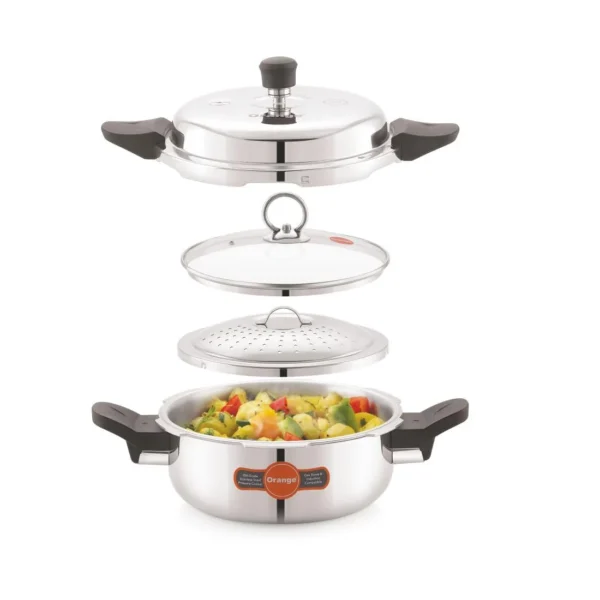 Orange Triply Stainless Steel Dome Outer lid Multi Utility Pressure Handi Cooker 3.5 Ltr