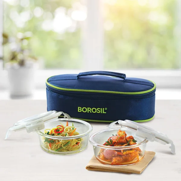 Borosil Blue Glass Lunchbox, Round x 2 (Flat) 400ml - Image 4