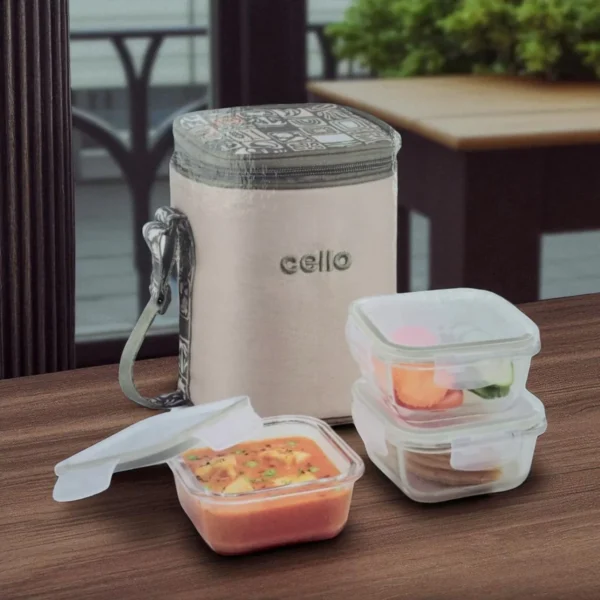 Cello Fit & Fresh Trendy 3 Square Glass Container Lunch Box 320ml