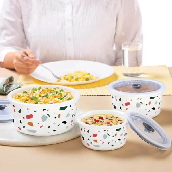 Larah by Borosil Confetti 3 Piece Storage Bowls with Lids (400ml + 800ml + 1.2 L) | Microwave Safe