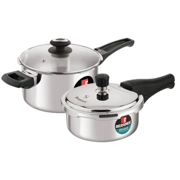 Bergner Trimax Triply Stainless Steel Pressure Cooker Combo with Extra Glass Lid (2L + 3L)