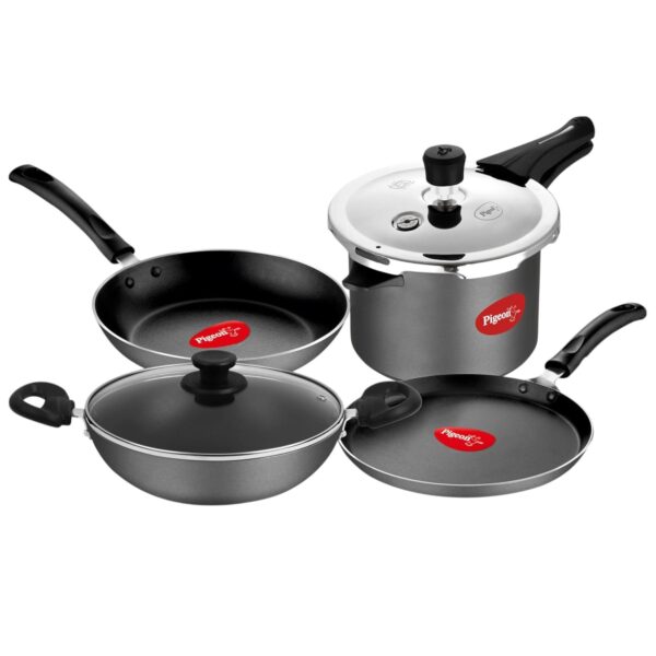 Pigeon Vibrant Hard Anodised Cooker + Cookware Combo 5 in 1 (2.5L HA Cooker with SS Lid, Tawa Kadai, Fry Pan)