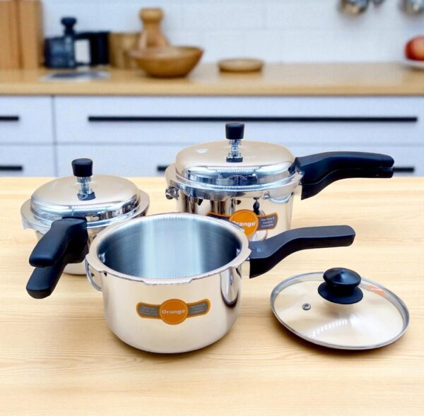 Orange Trio Stainless Steel Triply 3 Piece Cooker Combo Set (2Ltr + 3 Ltr + 5 Ltr)
