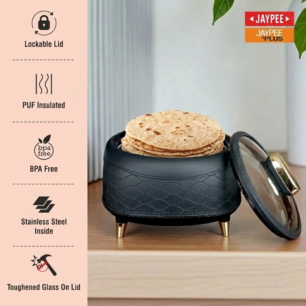 Jaypee Kingston Klass 1500ml insulated casserole with glass lid on a dining table for serving roti, rice, and curry.