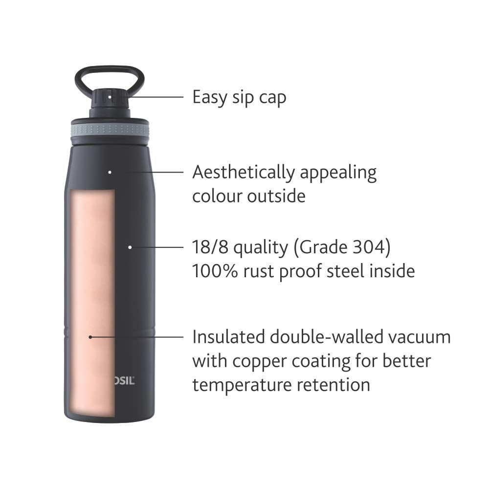 Borosil - Stainless Steel Hydra Gosports - Vacuum Insulated Flask Water Bottle, 900 ML, Black - Image 4