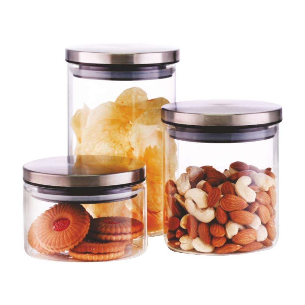 Borosil Classic 3 Piece Storage Glass Jar Set (300ml + 600ml + 900ml)