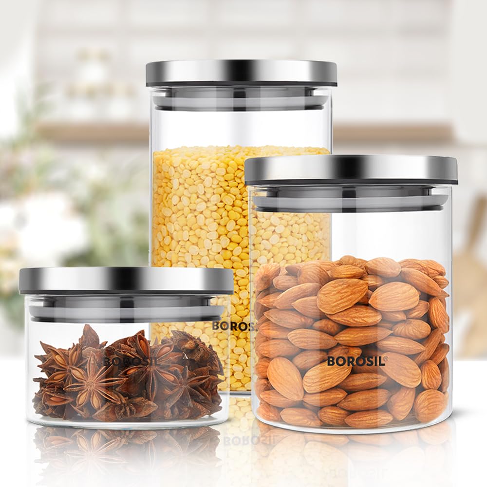 Borosil Classic 3 Piece Storage Glass Jar Set (300ml + 600ml + 900ml) - Image 3
