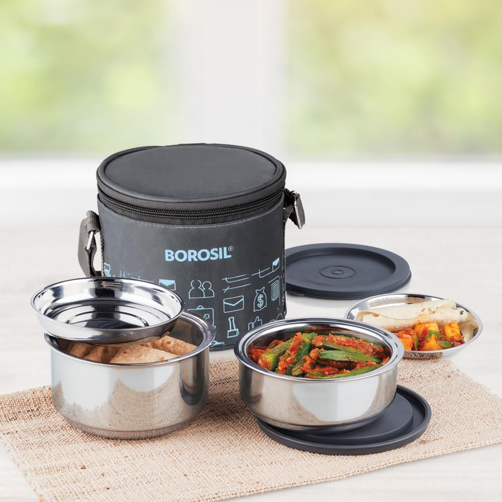 Borosil Carry Fresh Stainless Steel Insulated Lunch Box Set of 2, 280ml + 180ml