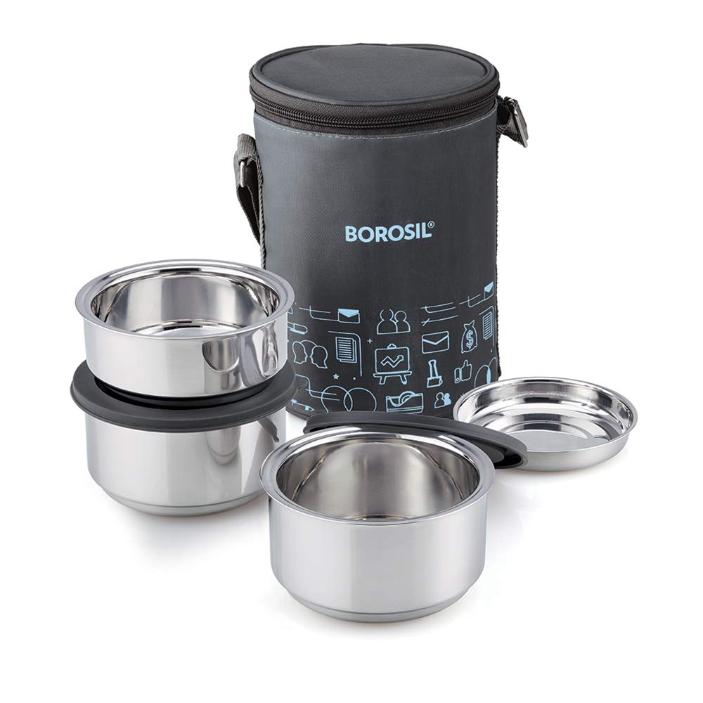 Borosil Carry Fresh Insulated Lunch Box, Set of 3, 280 ml x 2 + 180 ml (Stainless Steel, Silver Grey) - Image 3