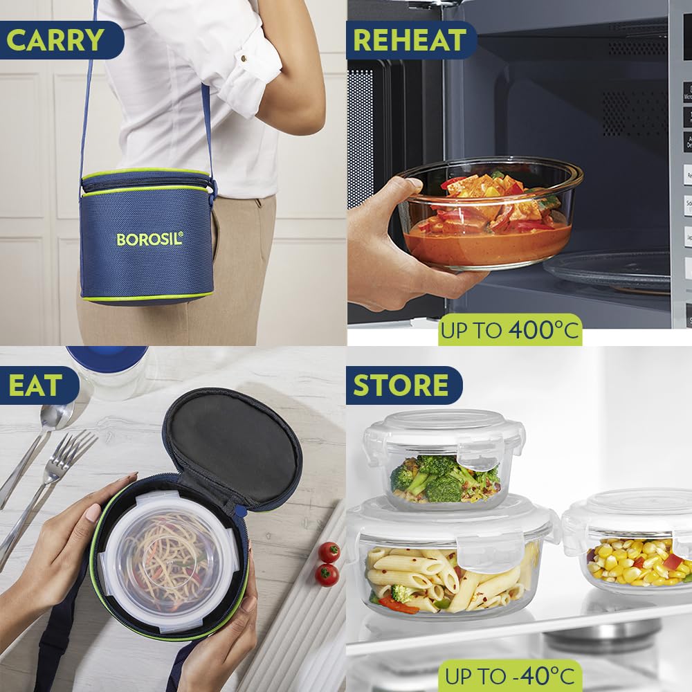 Borosil Klip & Store Round Glass Lunch Box Set of 2 (Vertical) 400ml - Image 4