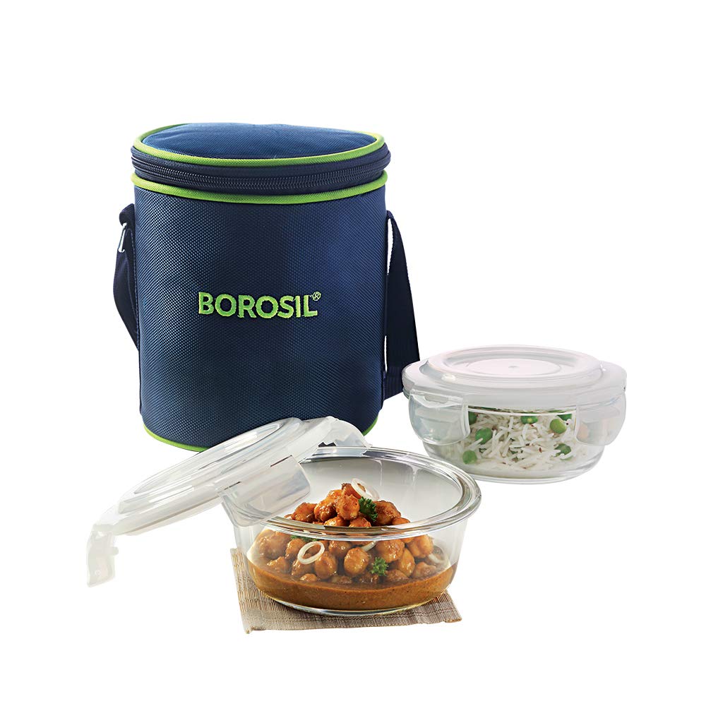 Borosil Klip & Store Round Glass Lunch Box Set of 2 (Vertical) 400ml