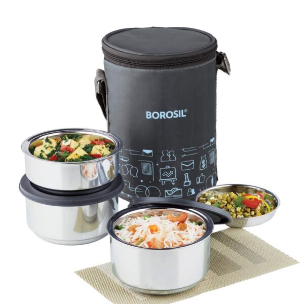 Borosil Carry Fresh Insulated Lunch Box, Set of 3, 280 ml x 2 + 180 ml (Stainless Steel, Silver Grey)