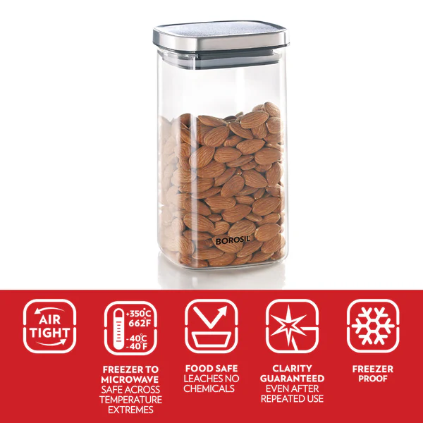 Borosil Classic Square Glass Storage Jar - 1400ml - Image 2