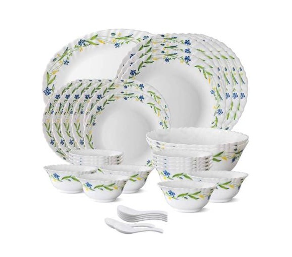 Larah by Borosil Opal Glass Green Lily 33 Pieces Dinner Set