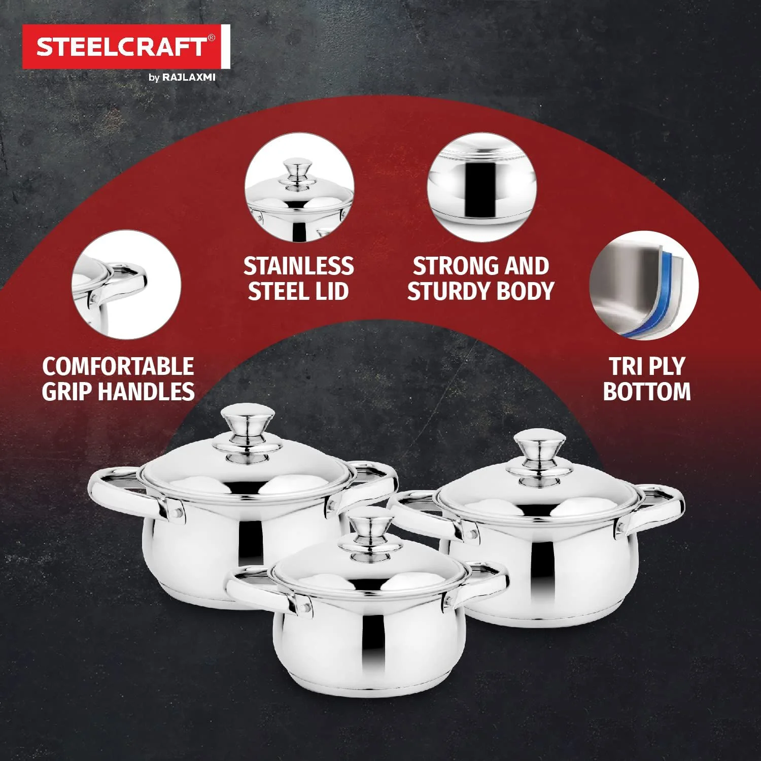 Steelcraft Belly Premium Stainless Steel 3 Piece Casserole Set (BCS-995) - Image 4
