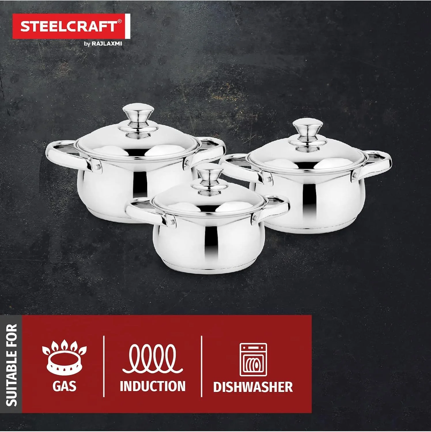 Steelcraft Belly Premium Stainless Steel 3 Piece Casserole Set (BCS-995) - Image 2