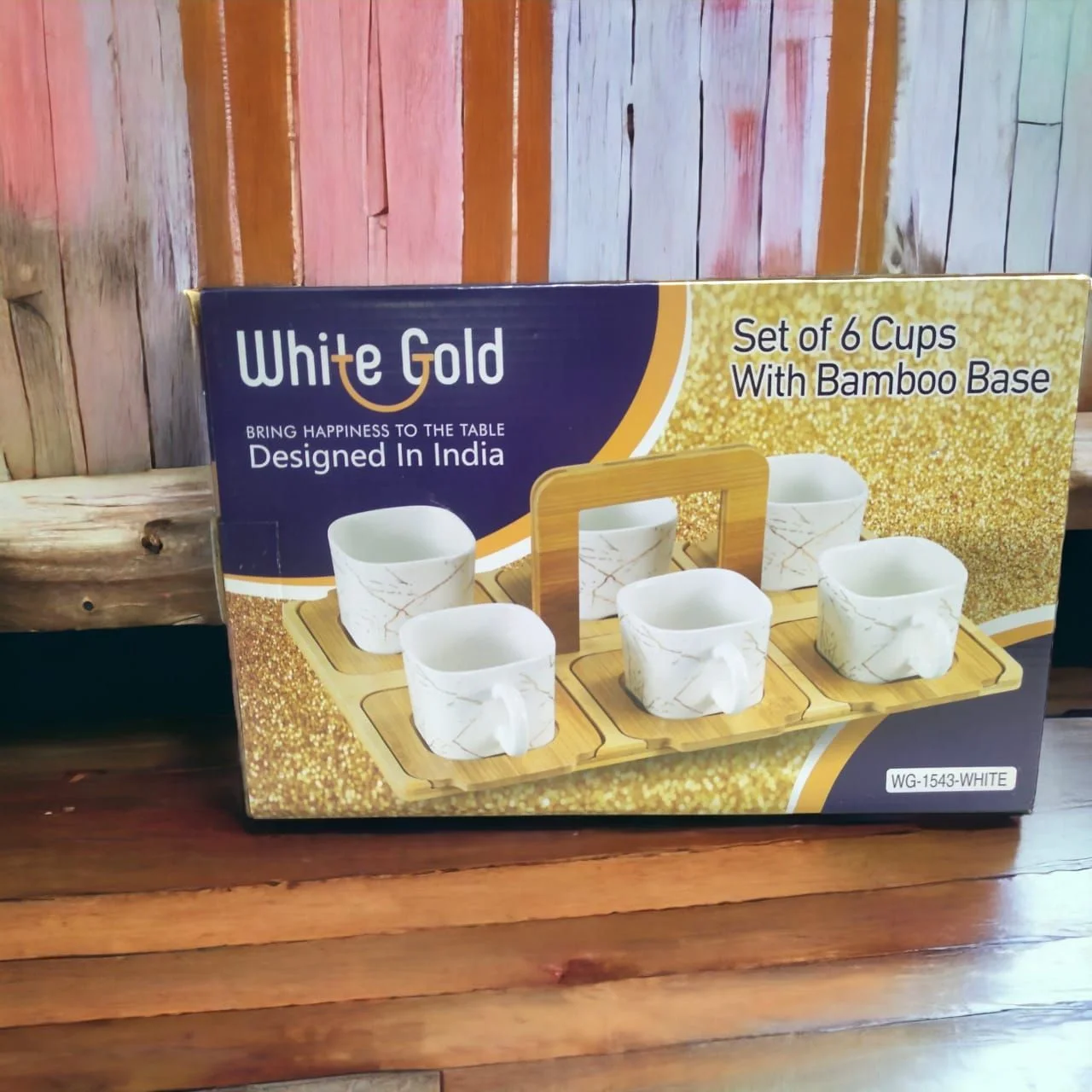 White Gold 6 Piece Cups With Bamboo Base - Image 3