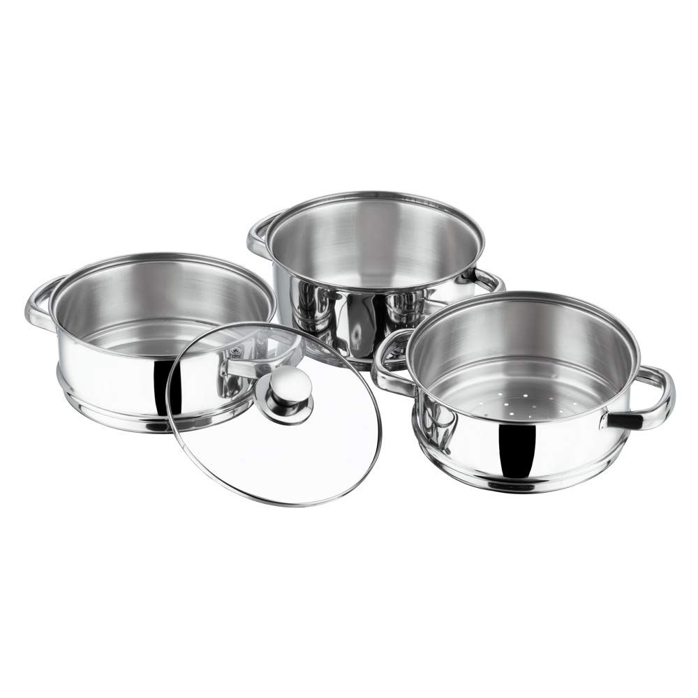 Polo Plus Stainless Steel Induction Bottom 3 Tier Steamer / Modak Maker With Glass Lid - 20cm/ 3 Tier - Image 3