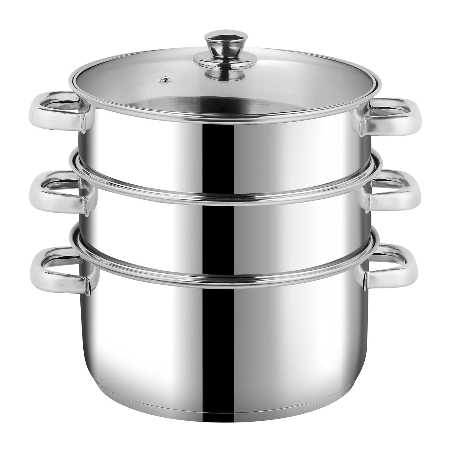 Polo Plus Stainless Steel Induction Bottom 3 Tier Steamer / Modak Maker With Glass Lid - 20cm/ 3 Tier