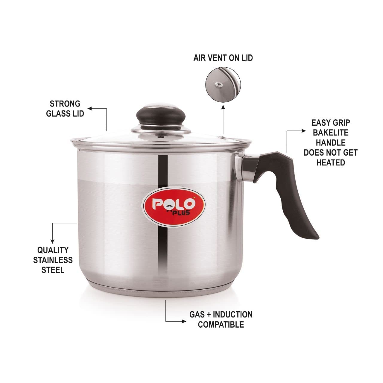 Polo Plus Deep Milk Pot with Glass Lid - 2 Ltr (16cm ) - Image 3