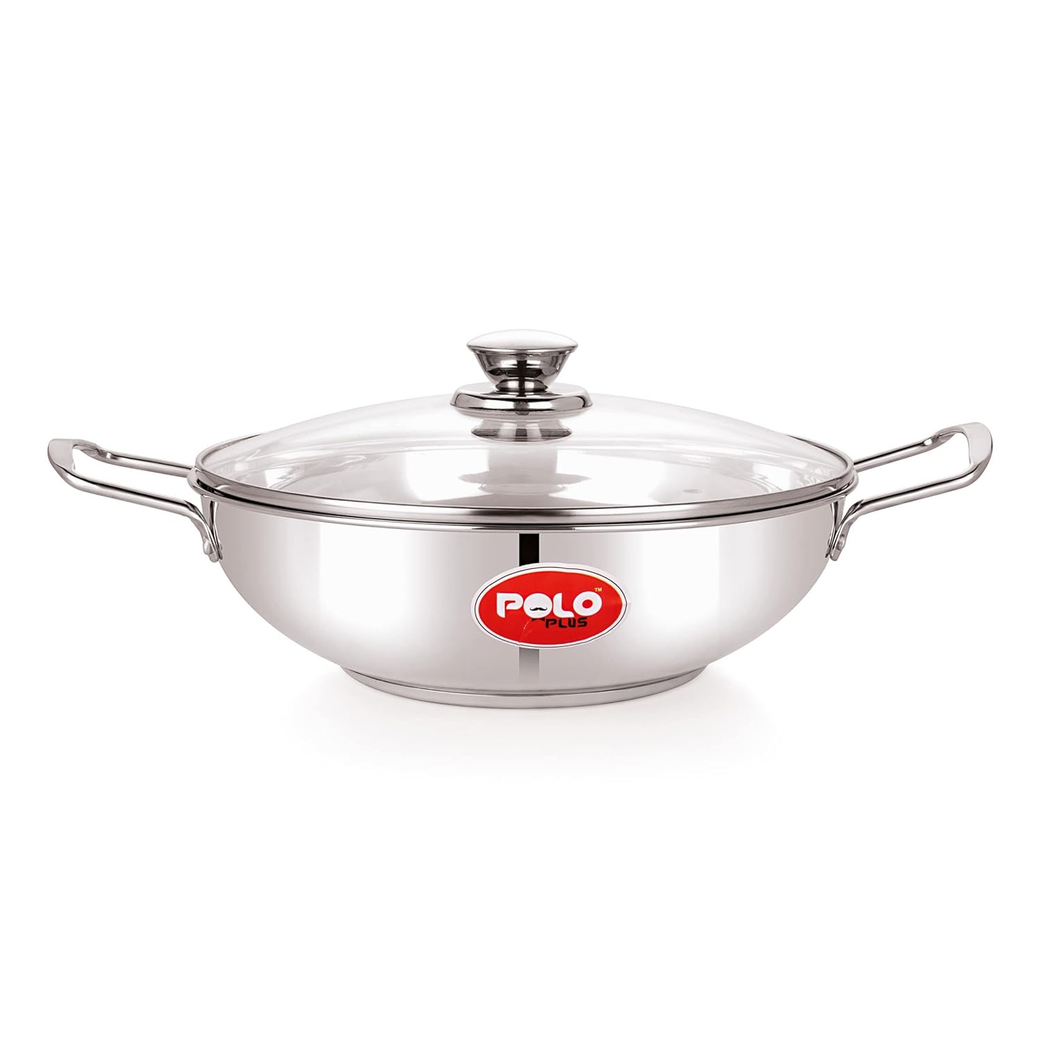 Polo Plus SS Induction Base Kadhai (Wok) with Glass Lid - 24CM (Wire Steel Handle)