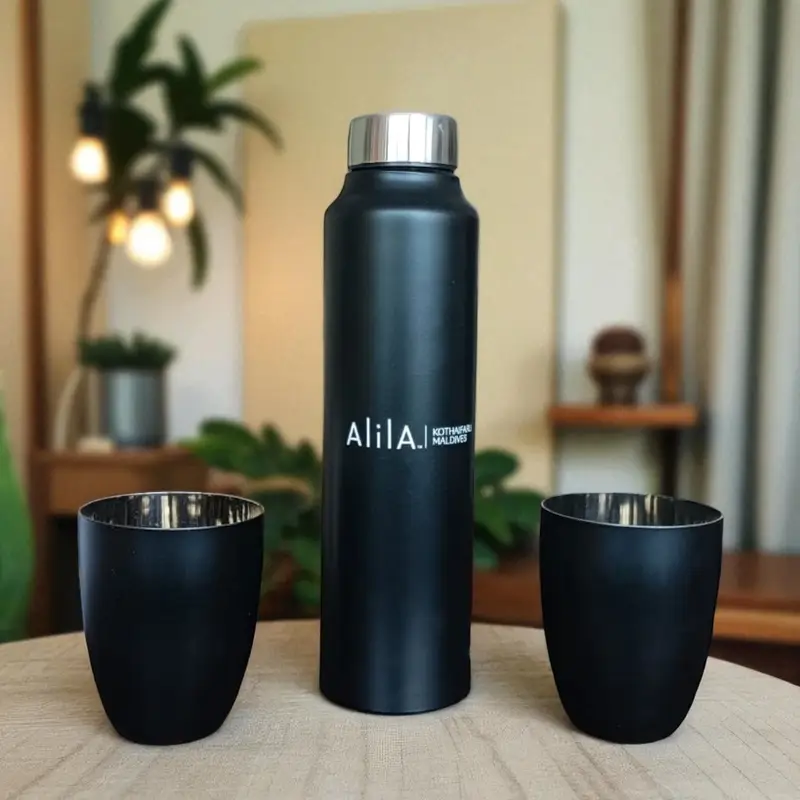 Black Steel Bottle With 2 Glass Set