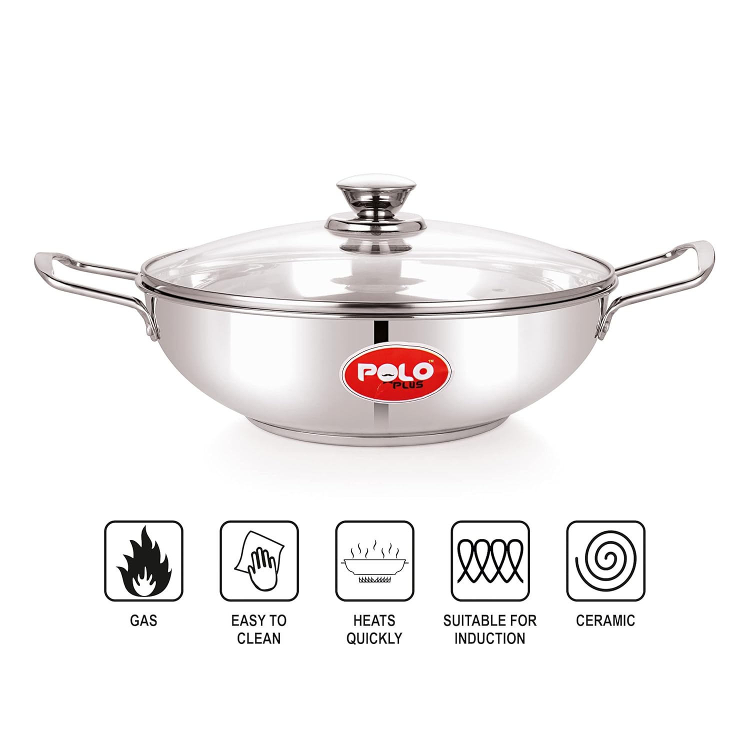 Polo Plus SS Induction Base Kadhai (Wok) with Glass Lid - 24CM (Wire Steel Handle) - Image 4