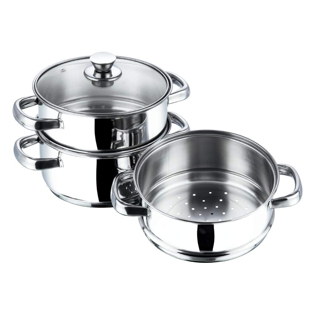 Polo Plus Stainless Steel Induction Bottom 3 Tier Steamer / Modak Maker With Glass Lid - 20cm/ 3 Tier - Image 2