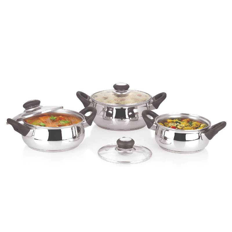 Polo Plus Aahar Stainless Steel Belly Pot Set of 6 Piece (1.25L, 1.80L, 2.4L)
