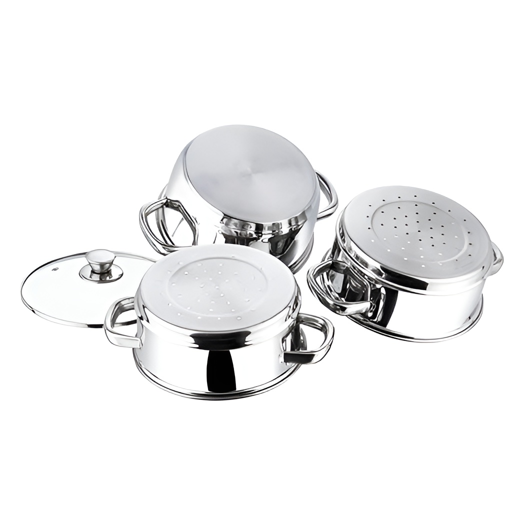 Polo Plus Stainless Steel Induction Bottom 3 Tier Steamer / Modak Maker With Glass Lid - 20cm/ 3 Tier - Image 4